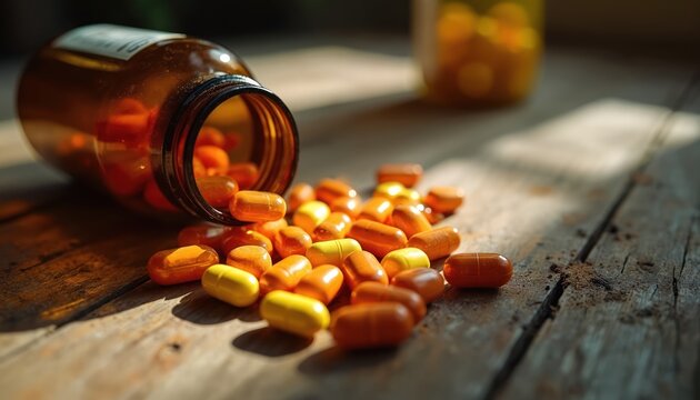 Orange and yellow capsules spill from amber bottle onto rustic wood. Sunlight highlights the scattered pills, suggesting medication, vitamins, or supplements on a rough table surface.