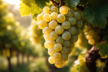 Fototapeta premium Macro shot of ripe white Savagnin grapes ready for harvesting in flourishing green vineyard