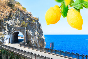 famous picturesque road viaduct of Amalfi summer coast with sea water, Italy