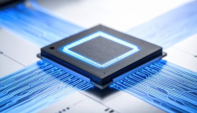 Intricate superconducting quantum computer chip with glowing blue control lines, showcasing advanced technology and scientific innovation.