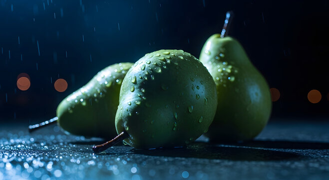 Three green pears covered in water droplets in dark wet environment