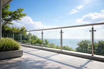 Obraz premium Elegant modern glass terrace balustrade with sleek stainless steel railing under bright summer sky