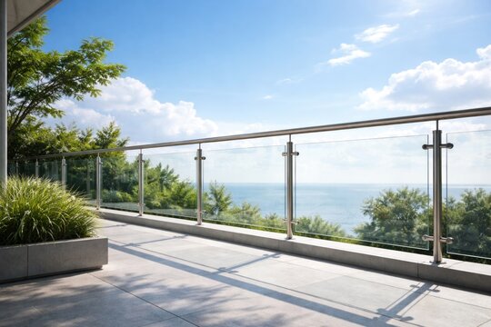 Elegant modern glass terrace balustrade with sleek stainless steel railing under bright summer sky