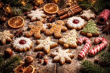 Fototapeta premium Vintage style holiday cookies arranged on a rustic wooden surface festive theme