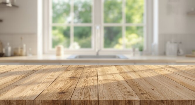 Sun-bleached wooden tabletop with subtle grain detail in front of a summer kitchen window with blurred view