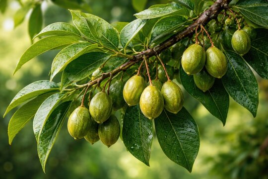 Detailed view of copaiba branch showing healthy green leaves and developed fruits for natural remedies