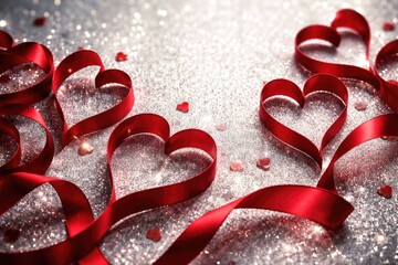 Fototapeta premium Elegant red ribbon hearts arranged on shimmering silver glitter background for romantic celebrations