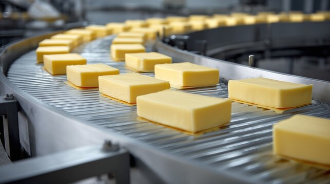 Cheese blocks moving on a conveyor belt in a factory during production process