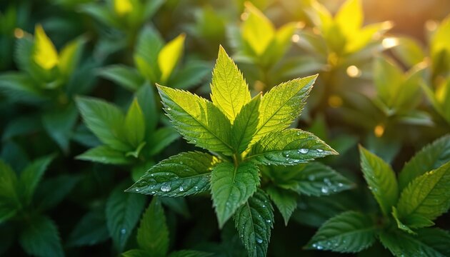 Green lemon verbena leaves with water drops. Morning sun shines through plant. Natural light illuminates fresh herb. Healthy plant thrives in garden.