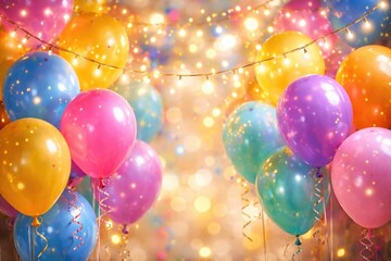 Fototapeta premium Bright balloons paired with delicate fairy lights for a cheerful birthday card background