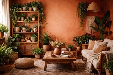 Fototapeta premium Bohemian inspired room featuring vibrant wall and wooden shelving adorned with plants and copy space