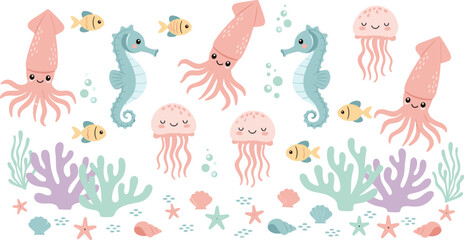 Cute Kawaii Sea Animals Seamless Pattern with Squid Jellyfish Seahorse Fish Coral and Shells in Pastel Colors for Kids Fabric Wrapping Paper and Nursery Design © Sabbir Studio