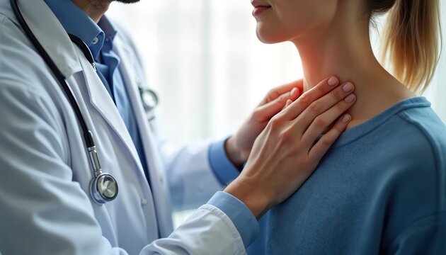 Doctor palpates woman neck gland area. Patient feels pain red spot on throat during check up. Medical examination in clinic for thyroid health.