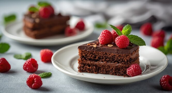 Chocolate cake servings with fresh raspberries and mint leaves captured with a shallow depth of field