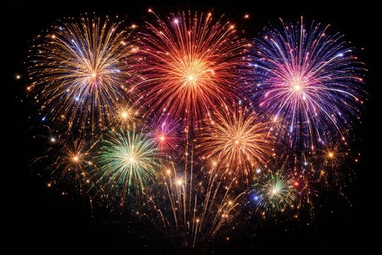 Vibrant fireworks exploding vividly on a black backdrop