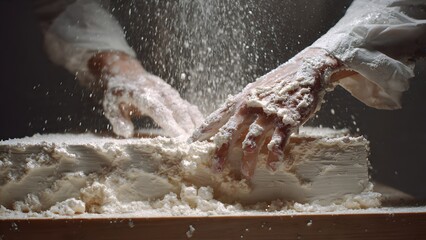 Fototapeta premium Close‑up of hands rolling out thick yellow insulation between floor joists, 4K