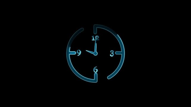 Glowing neon clock icon animation dial circle timer watch timekeeper countdown wall clock analog clock alarm clock animated sign symbol with black background.