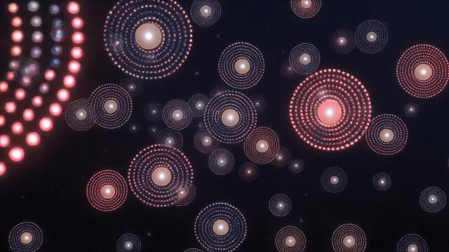 Glowing orbs arranged in a dark space, radiating light with concentric circles around them