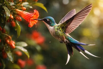 Obraz premium Energetic swallowtail hummingbird enjoying sweet nectar in flight
