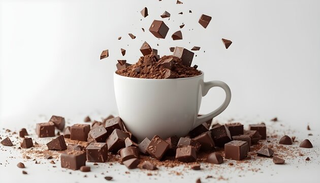 A white coffee cup overflowing with chocolate powder and chunks on a clean white surface