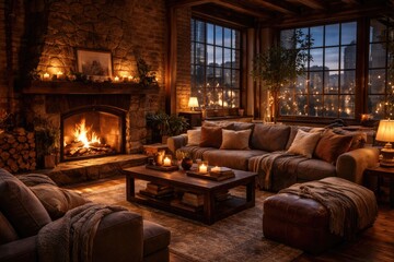 Naklejka premium Inviting loft featuring a warm fireplace and plush seating