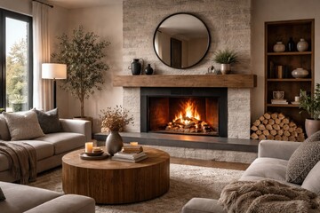 Naklejka premium Contemporary home design highlighting a wood burning hearth