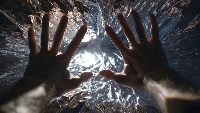 Close‑up of a worker using reflective foil insulation tape for precision sealing on a radiant barrier seam, gray gloves, 4K ultra‑realistic