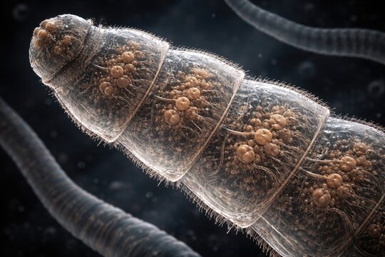Detailed microscopic image of tapeworm proglottid segment revealing intricate anatomy for scientific research