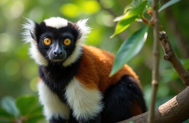 Fototapeta premium Red ruffed lemur sits on branch in green forest. Cute primate with bright yellow eyes looks directly forward. Animal is in natural habitat outdoor. Wildlife photo.