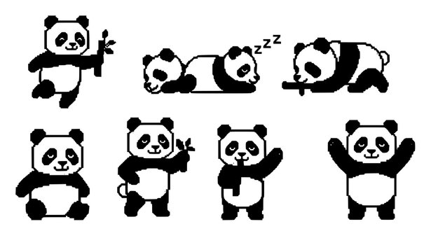Modern pixel panda set with 8 bit animal sprites for games and stitch patterns