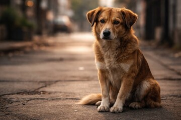 Obraz premium Lonely stray dog sitting quietly on cement surface waiting for love