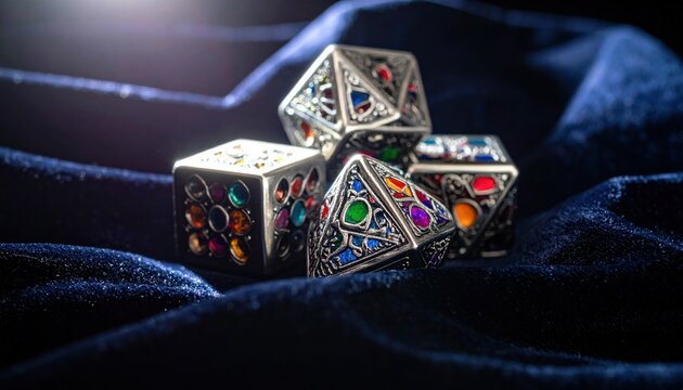 A Cluster of Custom Designed Metal Gaming Dice Featuring Intricate Patterns and Vibrant Gemstones on a Dark Fabric Surface