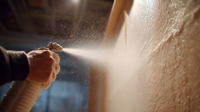 Close‑up of gloved hands spraying foam on a ceiling joist, 4K