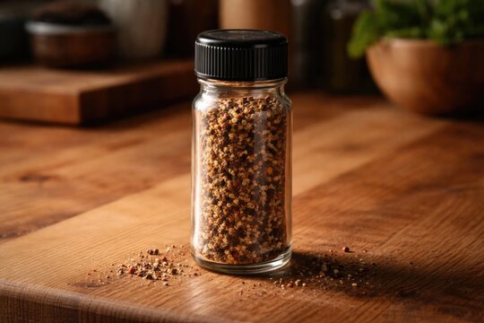 Seasoning bottle resting on natural grain wooden countertop