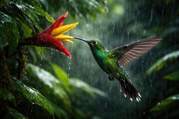 Obraz premium Vibrant Green Hermit hummingbird feasting energetically during heavy rain in a dense tropical rainforest