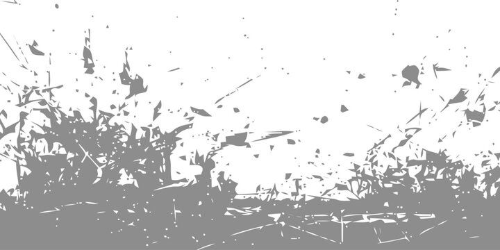Abstract shattered debris and explosive particle texture in grey on white background for high energy graphic design and dynamic digital art compositions requiring a fragmented or burst aesthetic