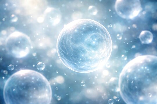 Detailed image of suspended light blue and white gas globules surrounded by soft bokeh blur indicating cleansing vitality and renewed energy
