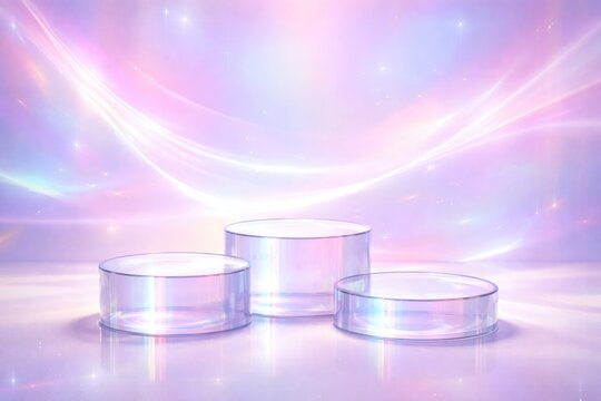 Empty stage with white glass podium trio against a pastel holographic neon background perfect for makeup display