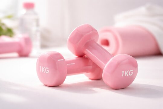 Fitness theme showing miniature pink weights against a clean white backdrop