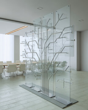 Translucent decision tree grid sculpture displayed inside a modern glass room