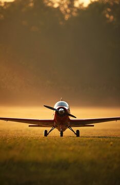 Small red and white propeller plane on grassy airfield at sunrise. Aircraft parked on runway, preparing for flight. Propeller spins, engine ready. Golden hour light.