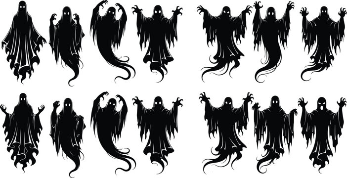 Spooky Halloween ghost silhouette set with scary flying creepy black phantom shapes and different haunting poses on white background