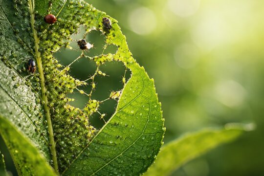 Macro view of leaf damage by plant eating bugs and aphids with vacant copy space