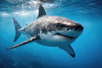 Fototapeta premium Close up view of a great white shark cruising below clear blue water