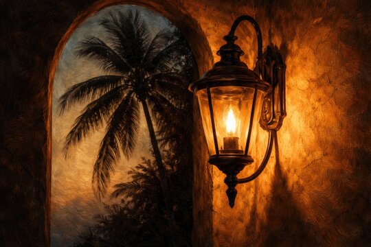Digital oil painting style showing gaslight flame and palm tree silhouette on arched wall