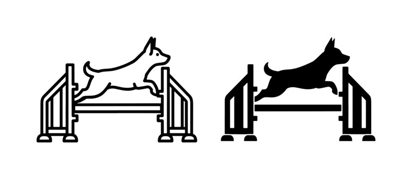 Dog Agility Training Icon Set Jumping Over Hurdle