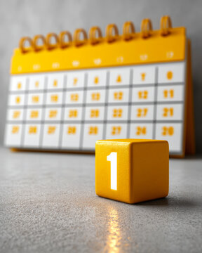 Illuminated calendar day block with yellow number one die on dark tabletop