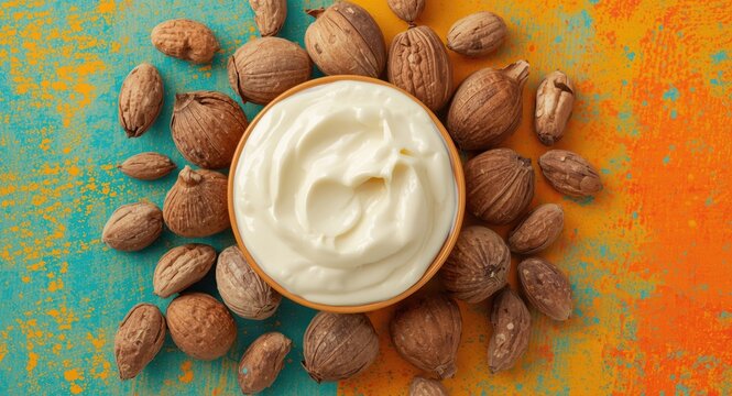 Shea butter cream paired with nuts on a bright colorful background texture