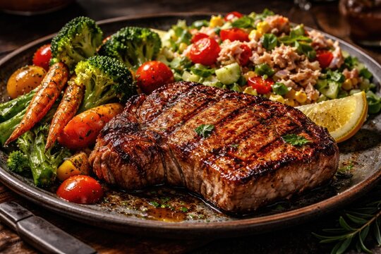 Charbroiled pork steak served alongside garden vegetables and a zesty tuna salad