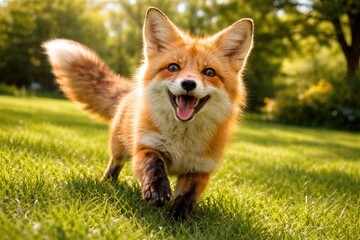 Fototapeta premium Cheerful pet fox playing outside on green grass lawn in sunny summer